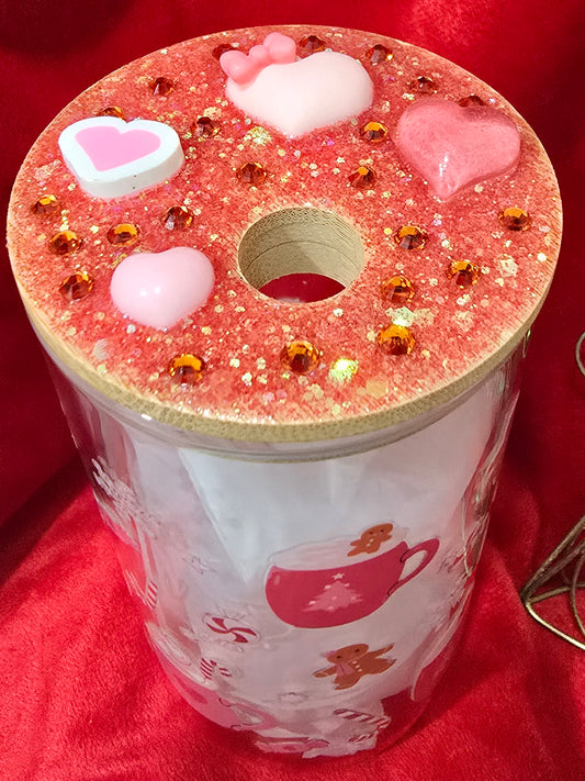 16 oz. Pink Christmas Latte and Candy Heart with Rhinestones Glass Cup Iced Coffee Cocktail Tumbler with Lid and Straw