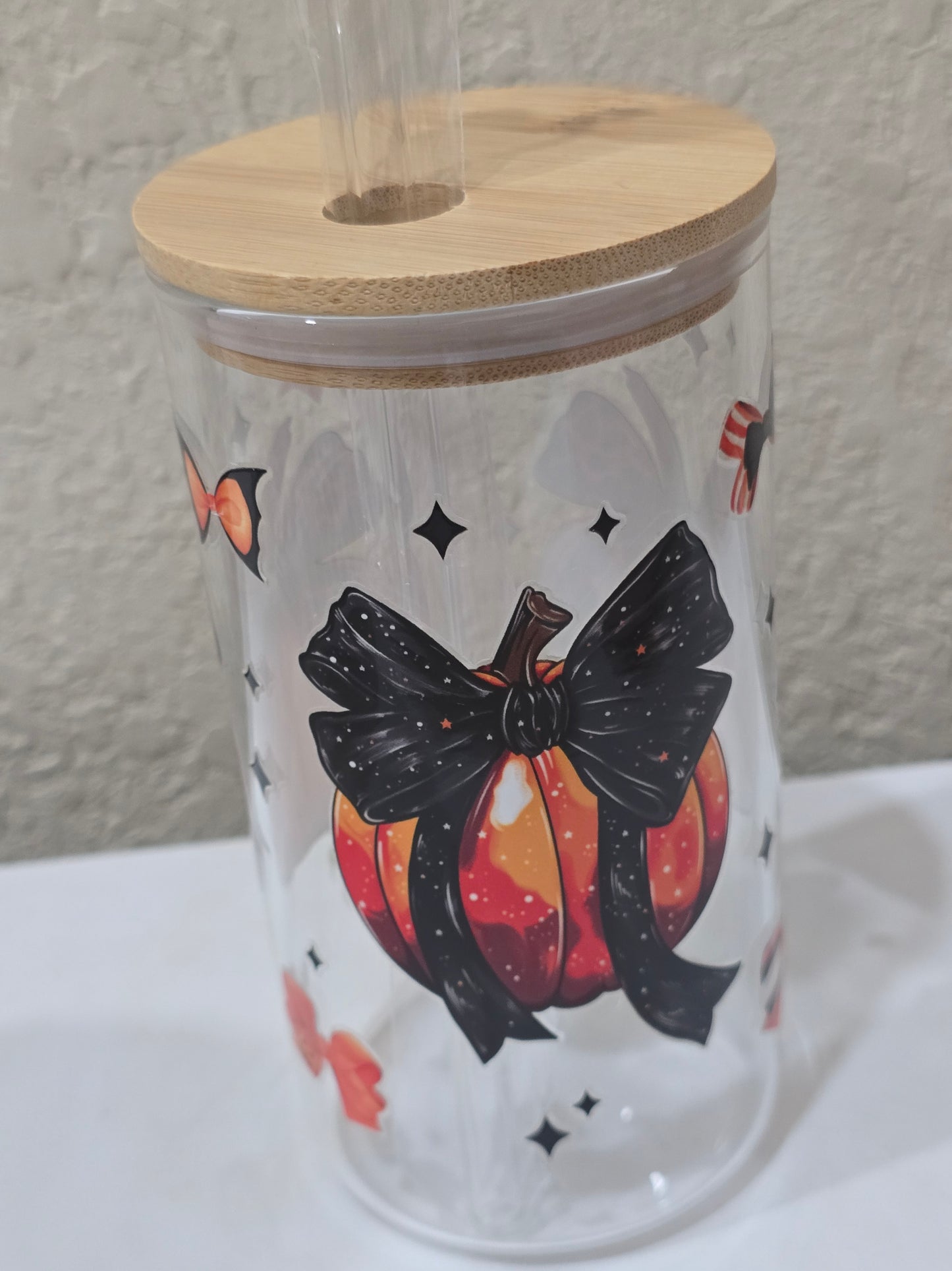 16 oz. Pumpkins with Bows Glass Cup Iced Coffee Cocktail Tumbler with Lid and Straw