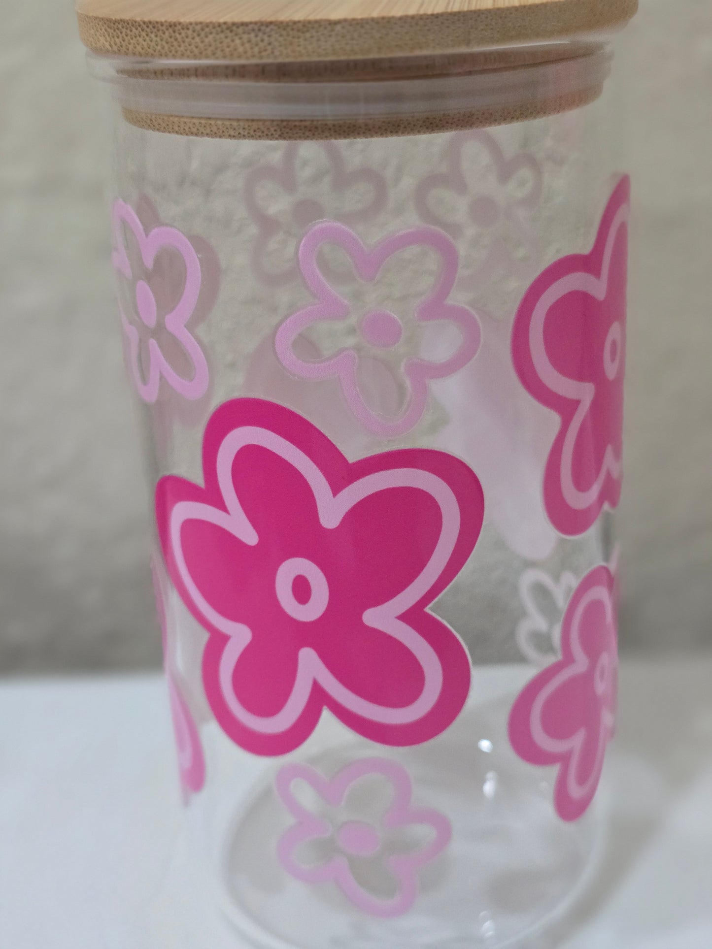 16 oz. Pink Flower Glass Cup Iced Coffee Cocktail Tumbler with Lid and Straw