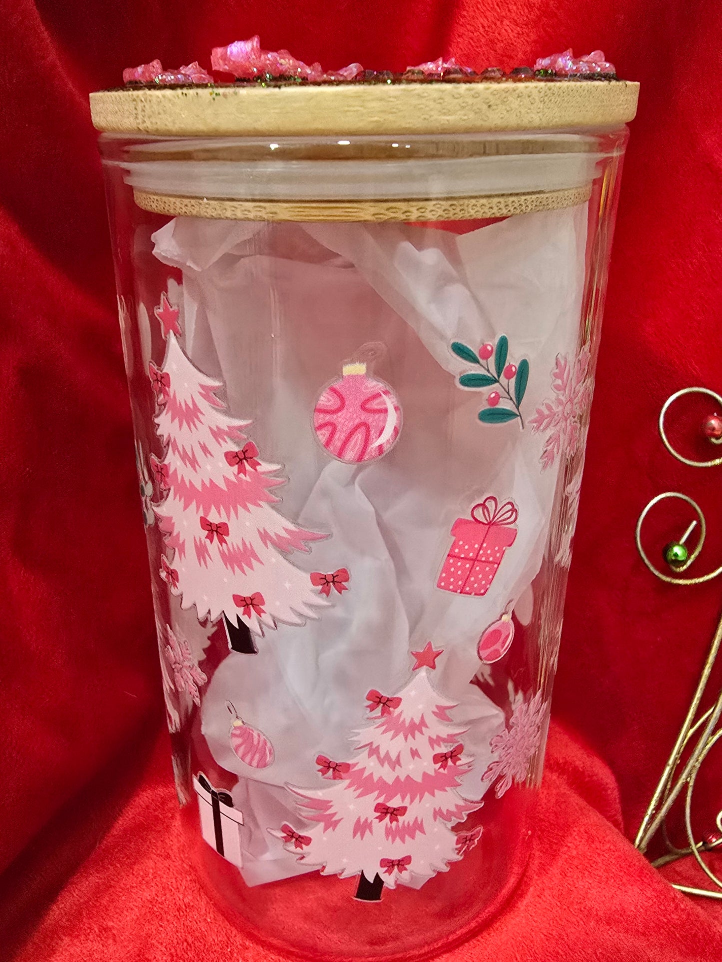 16 oz. Pink Christmas Tree with Bows and Rhinestones Glass Cup Iced Coffee Cocktail Tumbler with Lid and Straw