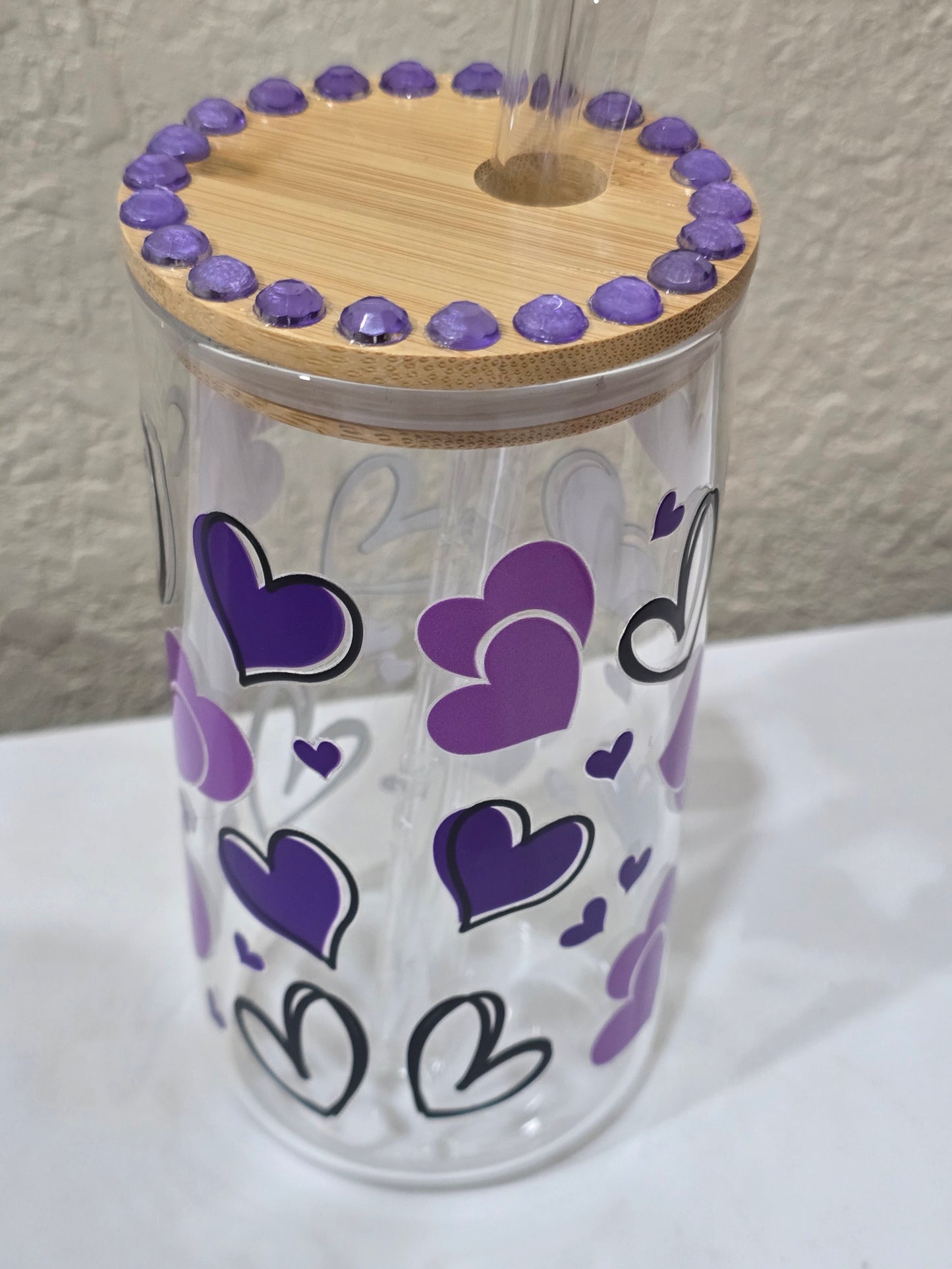 16 OZ. Purple and Black Hearts with Rhinestones Glass Cup Iced Coffee Cocktail Tumbler with Lid and Straw