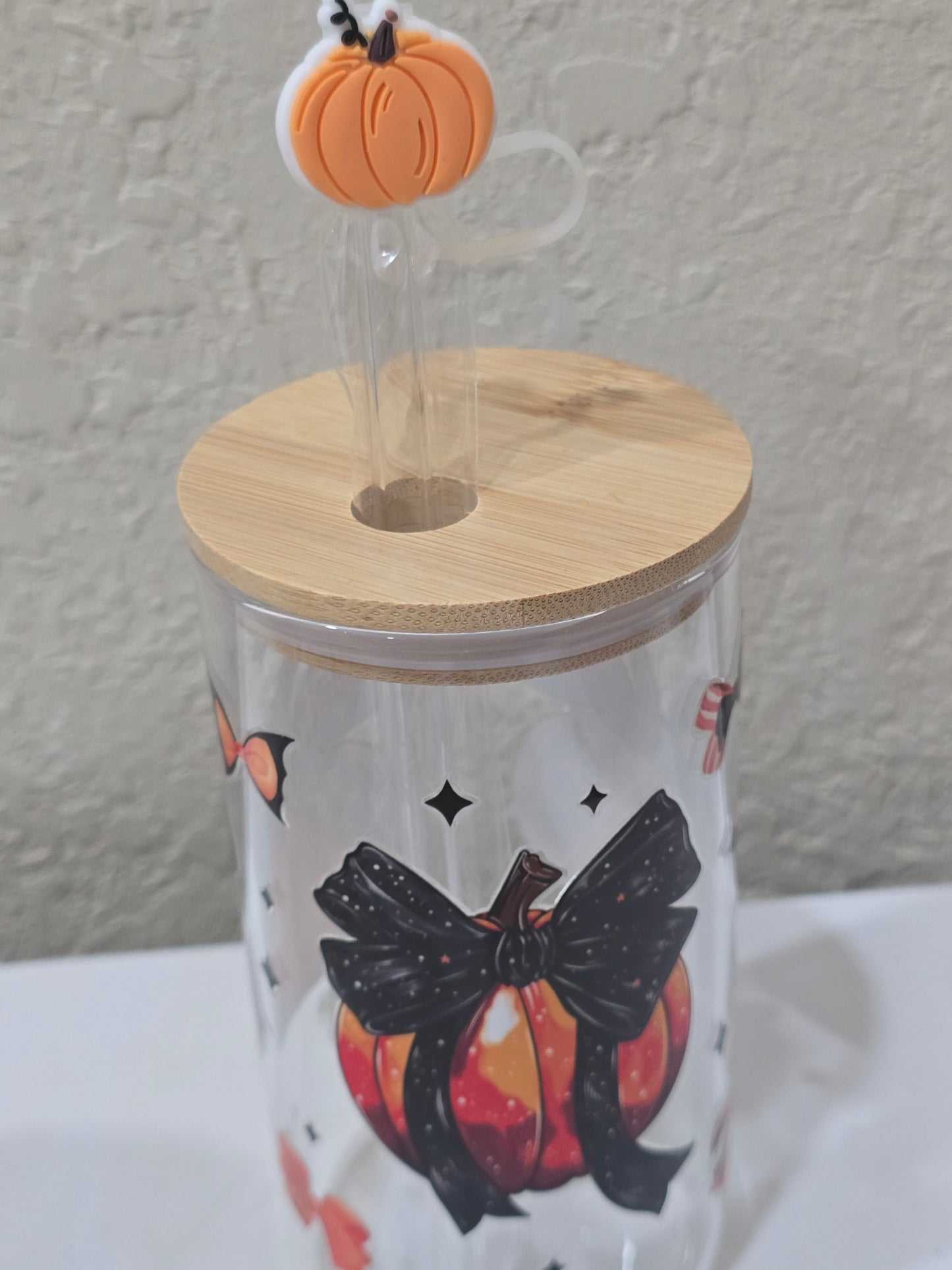 16 oz. Pumpkins with Bows Glass Cup Iced Coffee Cocktail Tumbler with Lid and Straw