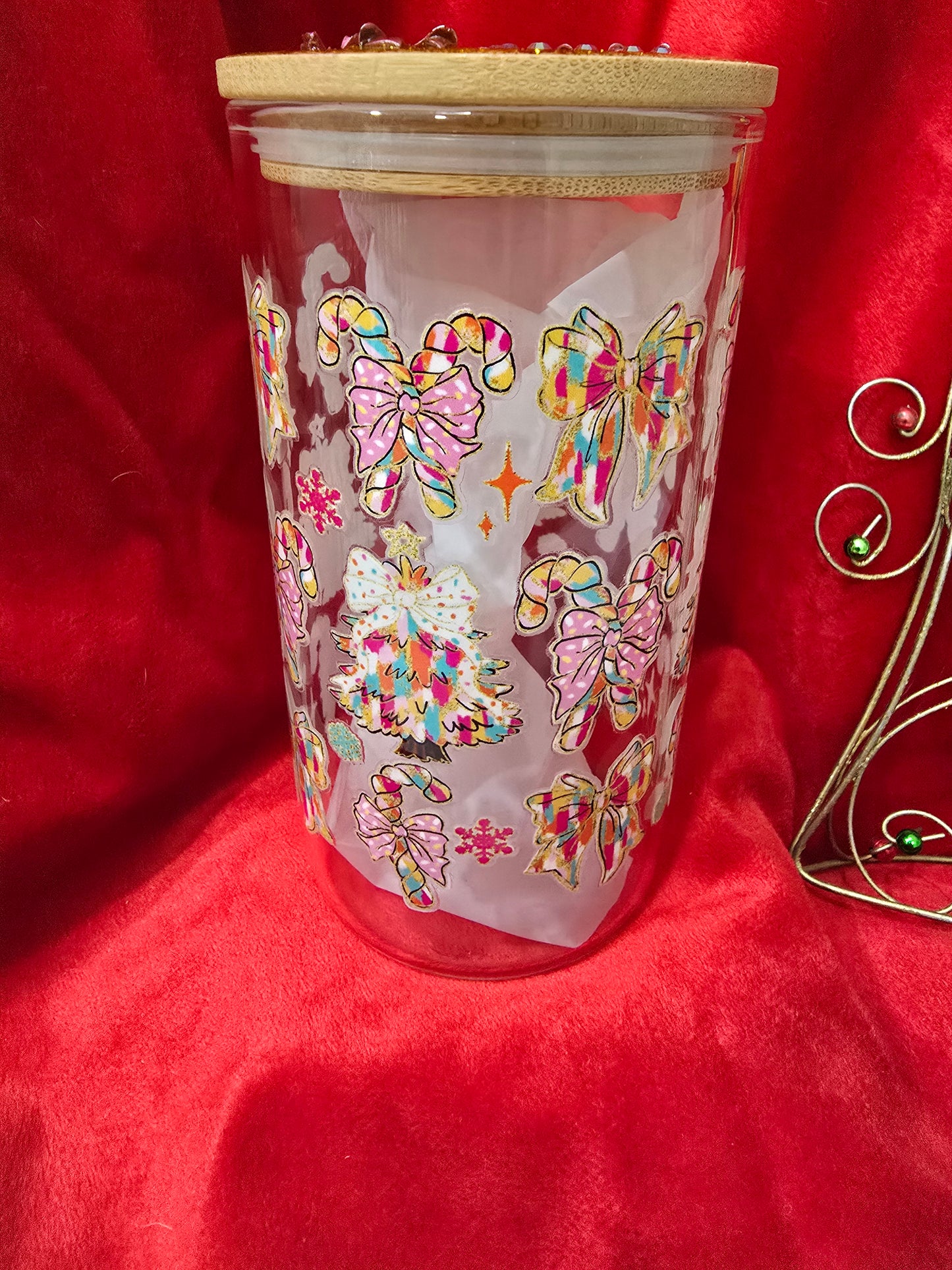 16 oz. Christmas Tree Candy Cane Bows with Rhinestones Glass Cup Iced Coffee Cocktail Tumbler with Lid and Straw