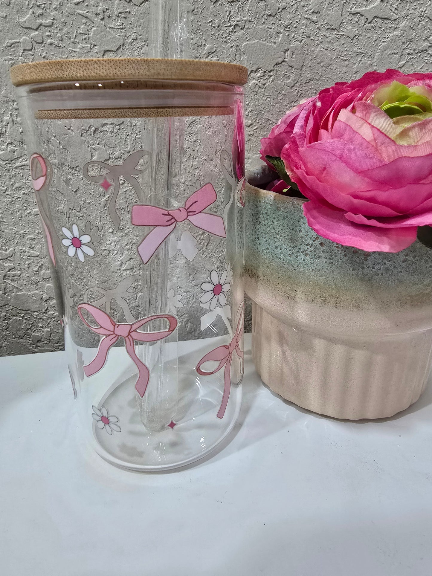 16 oz. Pink Bow with White Flower Glass Cup Iced Coffee Cocktail Tumbler with Lid and Straw