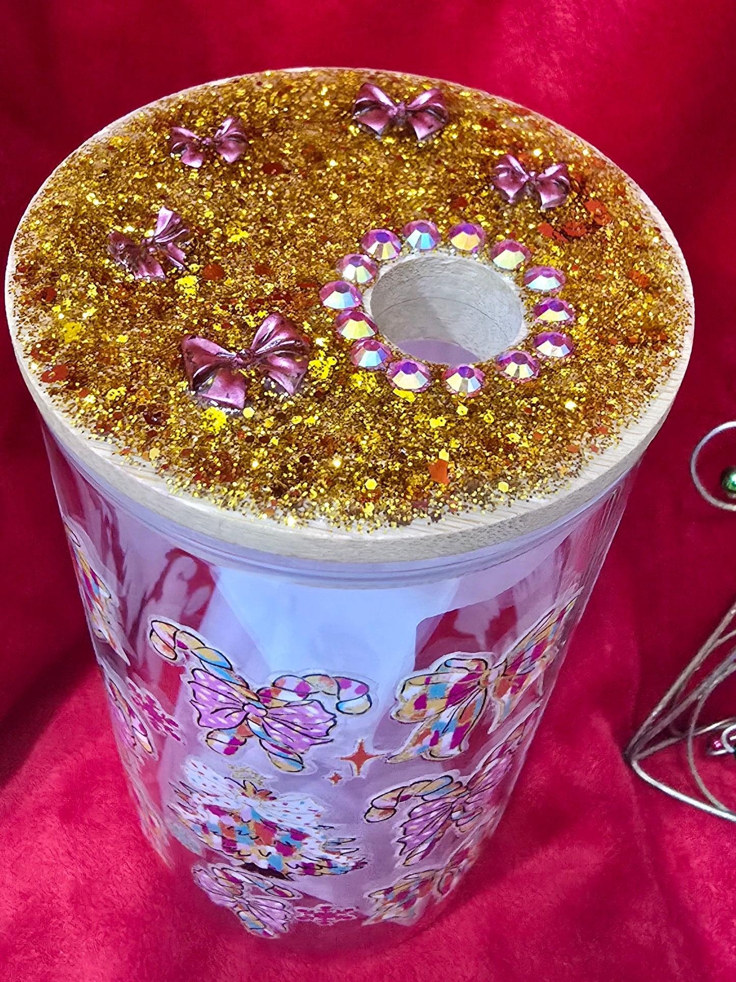 16 oz. Christmas Tree Candy Cane Bows with Rhinestones Glass Cup Iced Coffee Cocktail Tumbler with Lid and Straw