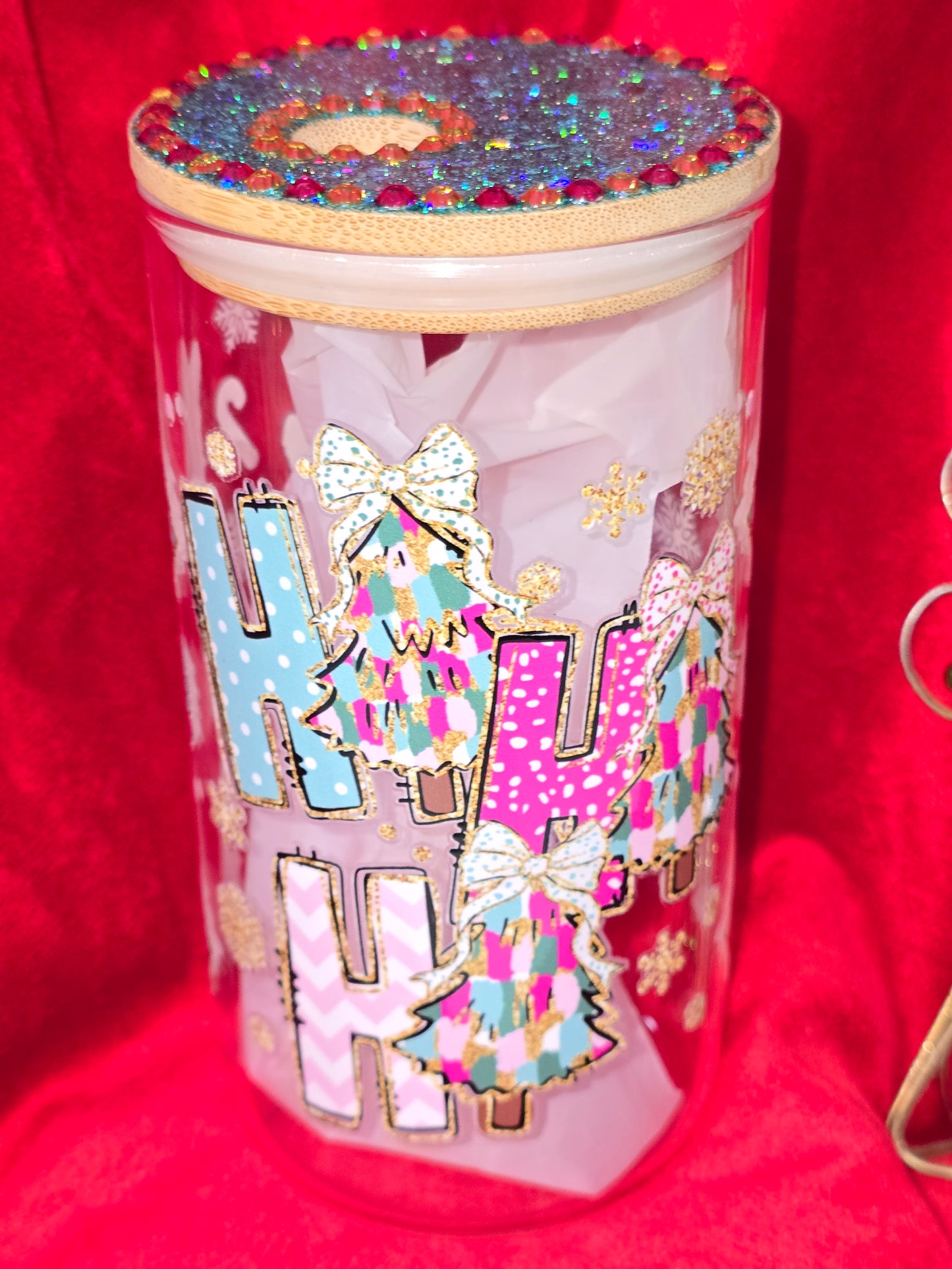 16 oz.  HOHOHO Christmas Tree Bows with Rhinestones Glass Cup Iced Coffee Cocktail Tumbler with Lid and Straw