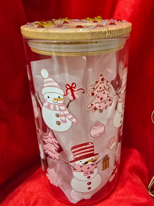 16 oz. Christmas Tree Snowman with Rhinestones Glass Cup Iced Coffee Cocktail Tumbler with Lid and Straw
