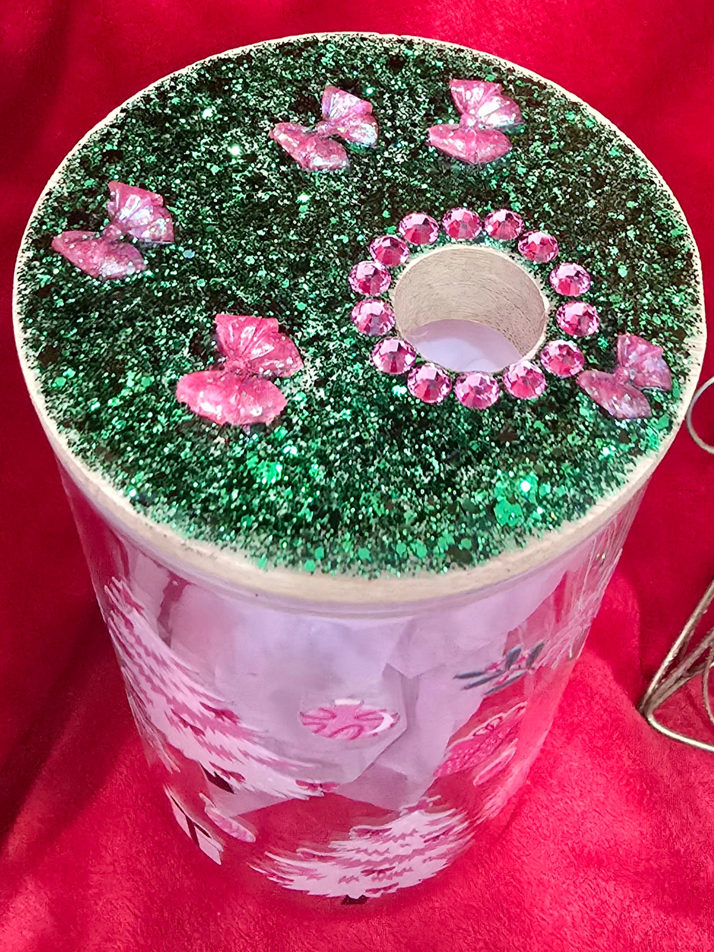 16 oz. Pink Christmas Tree with Bows and Rhinestones Glass Cup Iced Coffee Cocktail Tumbler with Lid and Straw
