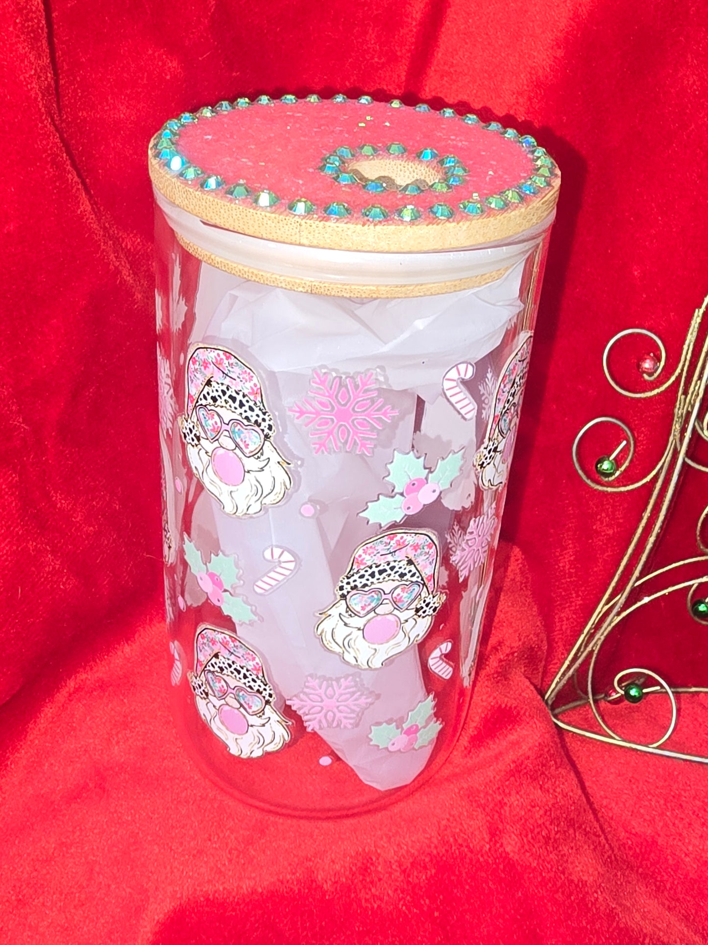 16 oz.  Bubblegum Candy Cane Santa with Rhinestones Glass Cup Iced Coffee Cocktail Tumbler with Lid and Straw