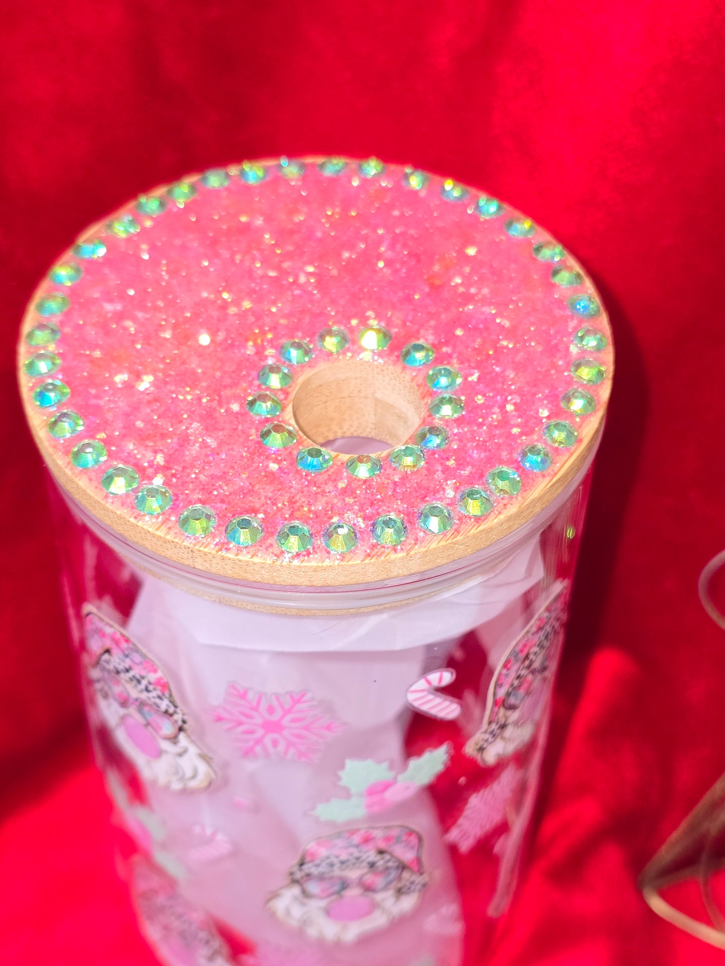 16 oz.  Bubblegum Candy Cane Santa with Rhinestones Glass Cup Iced Coffee Cocktail Tumbler with Lid and Straw