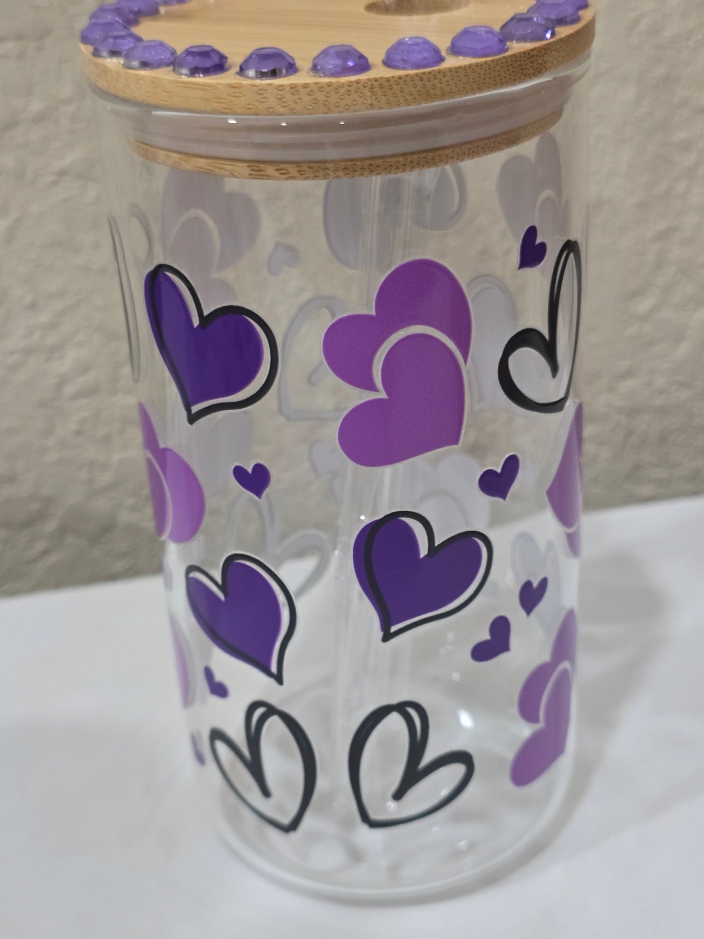 16 OZ. Purple and Black Hearts with Rhinestones Glass Cup Iced Coffee Cocktail Tumbler with Lid and Straw